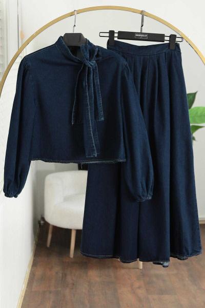 Fiyonk Detaylı Etekli Kot Takım Koyu Mavi