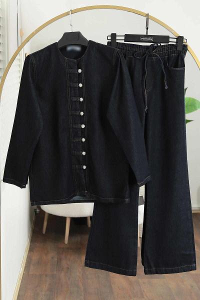 Üstü Metal Düğmeli Pantolonlu Kot Takım Koyu Mavi