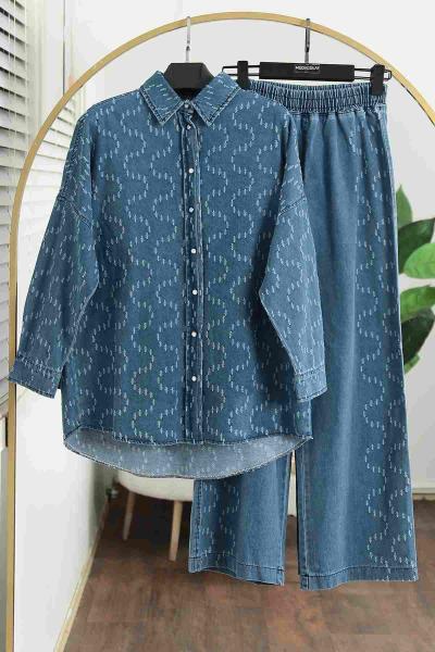 Su Desenli Kesik Detay Pantolonlu Kot Takım Mavi