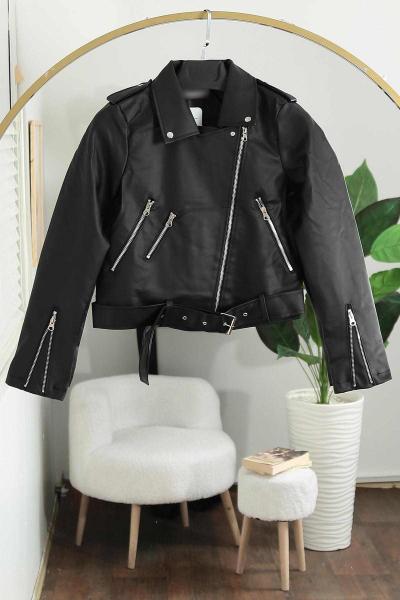 Beli Kemerli Fermuarlı Deri Mont Siyah