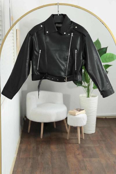 Kemerli Üç Fermuarlı Deri Mont Siyah