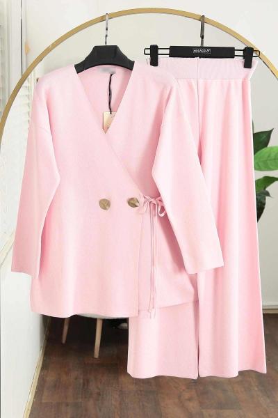 Çift Düğmeli Merserize Pantolonlu Triko Takım Açık Pembe