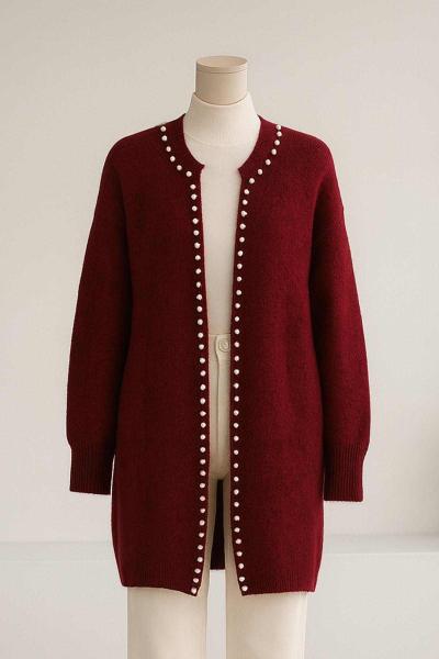 İnci Şeritli Yumoş Triko Hırka Bordo