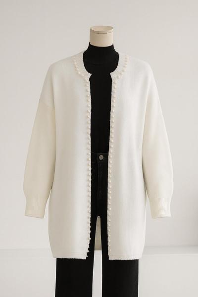 İnci Şeritli Yumoş Triko Hırka Ekru