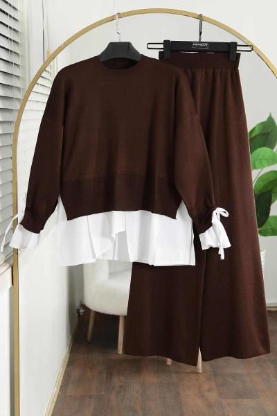 Poplin Garnili Bağlamalı Pantolonlu Triko Takım Kahve