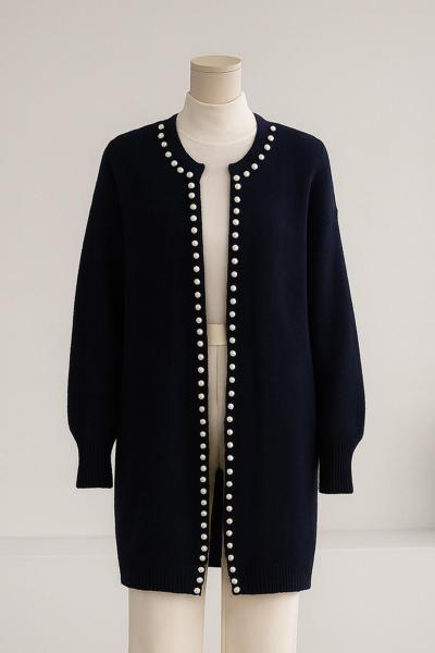 İnci Şeritli Yumoş Triko Hırka Lacivert