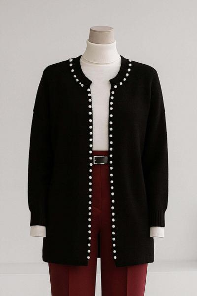 İnci Şeritli Yumoş Triko Hırka Siyah