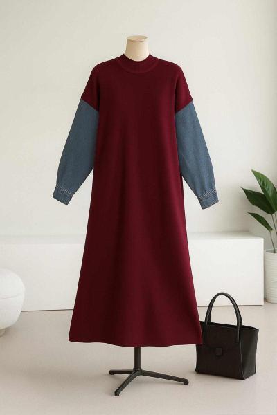 Kolları Kot Garnili Triko Elbise Bordo