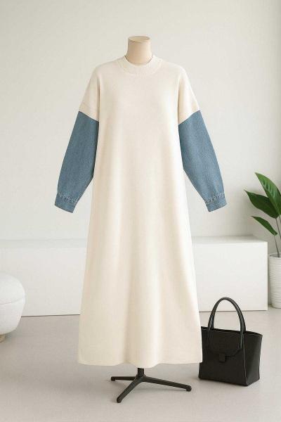 Kolları Kot Garnili Triko Elbise Krem