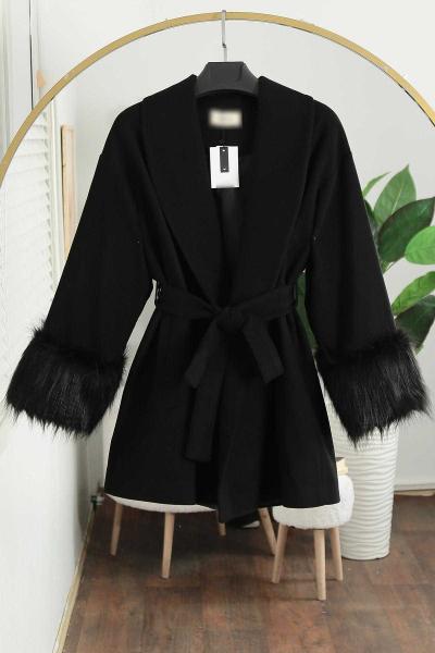 Kolları Kürklü Kuşaklı Kaşe Kaban Siyah