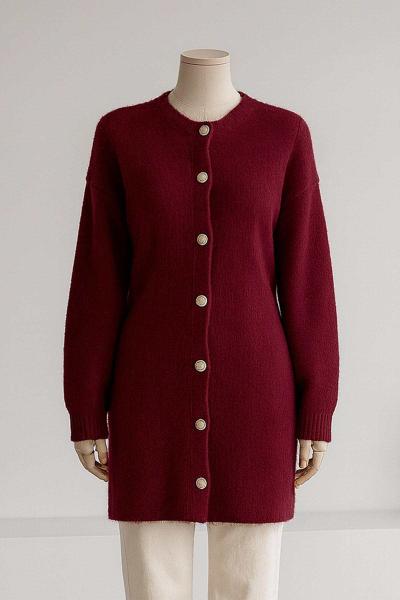 İnci Düğmeli Uzun Yumoş Angora Hırka Bordo