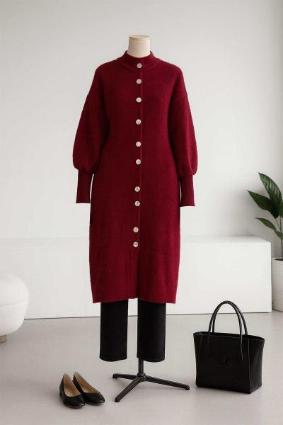 Kolu Fitilli Metal Düğmeli Uzun Yumoş Angora Hırka Bordo