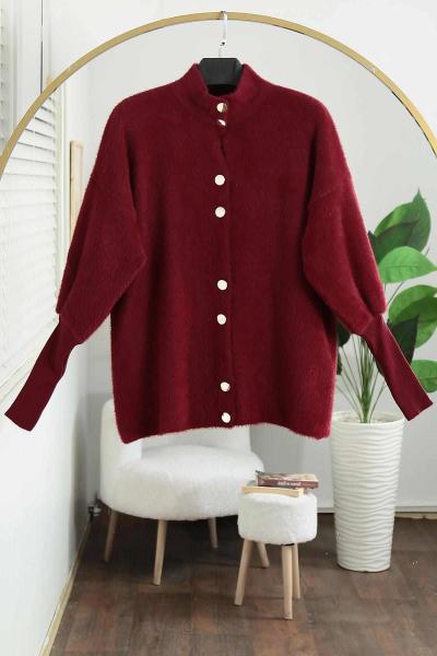 Kolu Fitilli Metal Düğmeli Yumoş Angora Hırka Bordo