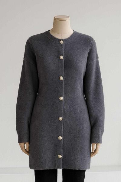 İnci Düğmeli Uzun Yumoş Angora Hırka Füme