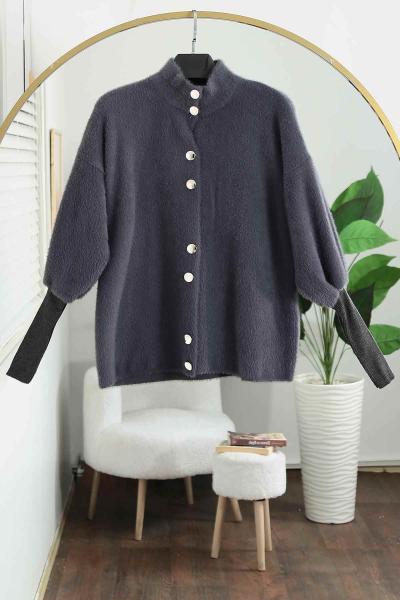 Kolu Fitilli Metal Düğmeli Yumoş Angora Hırka Füme