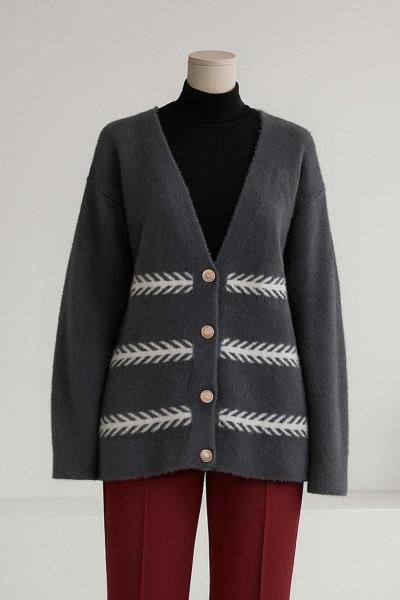 İnci Dört Düğmeli Yumoş Angora Hırka Füme