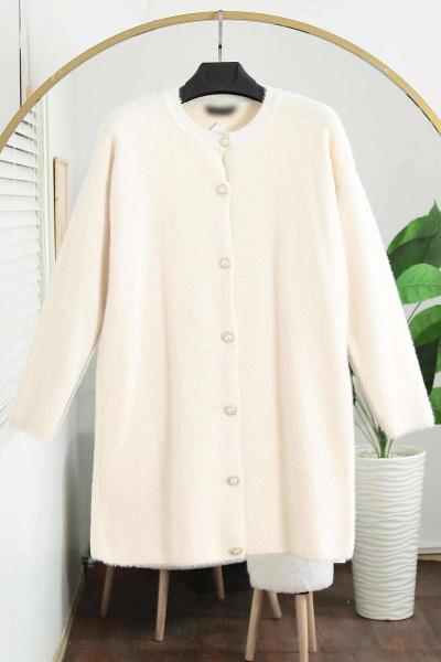 İnci Düğmeli Uzun Yumoş Angora Hırka Krem