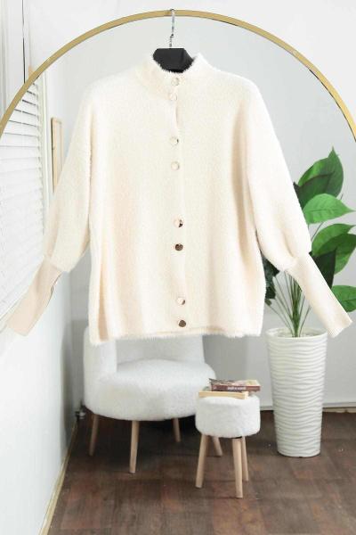 Kolu Fitilli Metal Düğmeli Yumoş Angora Hırka Krem