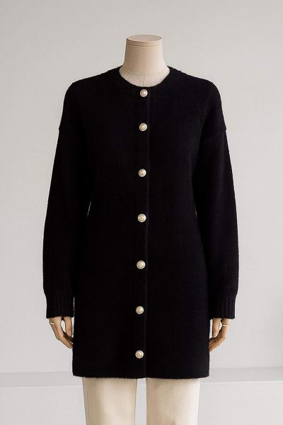 İnci Düğmeli Uzun Yumoş Angora Hırka Siyah