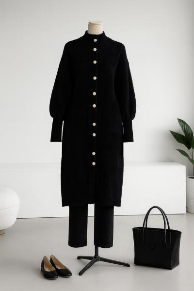 Kolu Fitilli Metal Düğmeli Uzun Yumoş Angora Hırka Siyah