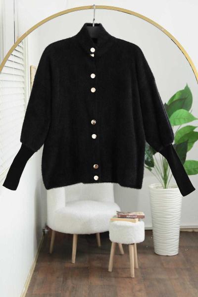 Kolu Fitilli Metal Düğmeli Yumoş Angora Hırka Siyah