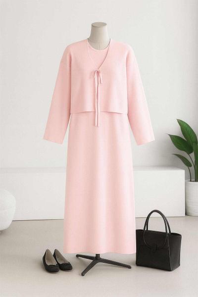 İkili Bağlamalı Kuğu Crop Triko Elbise Açık Pembe