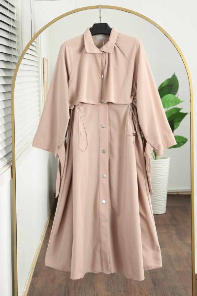 Oversıze Kolları Bağlamalı Kapaklı Büzgülü Trençkot Bej