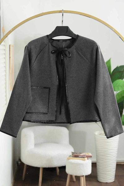 Çift Cepli Biyeli Kaşe Kısa Ceket Füme