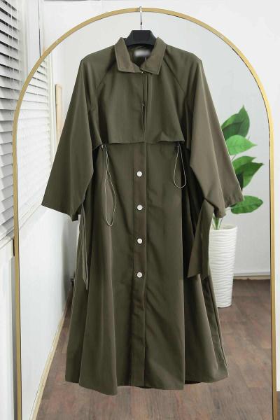 Oversıze Kolları Bağlamalı Kapaklı Büzgülü Trençkot Haki