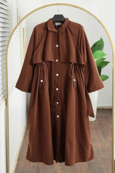 Oversıze Kolları Bağlamalı Kapaklı Büzgülü Trençkot Kahve