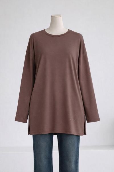 Kalp Nakışlı Yırtmaçlı Modal İkiip Tunik Sütlü Kahve