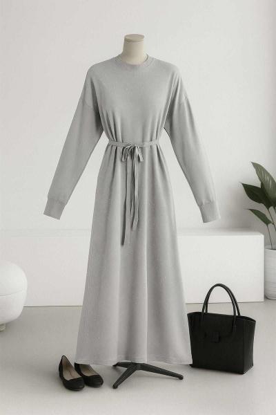 Serpme Taş Detaylı Merserize Elbise Açık Gri