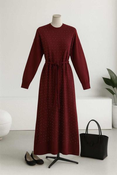Serpme Taş Detaylı Merserize Elbise Bordo