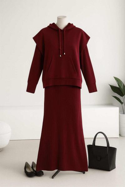 Kapşonlu Kangoru Cepli İkili Triko Elbise Bordo