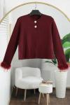 Kolları Tüylü İki Düğmeli Kısa Triko Hırka Bordo