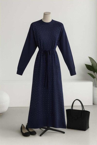 Serpme Taş Detaylı Merserize Elbise Lacivert