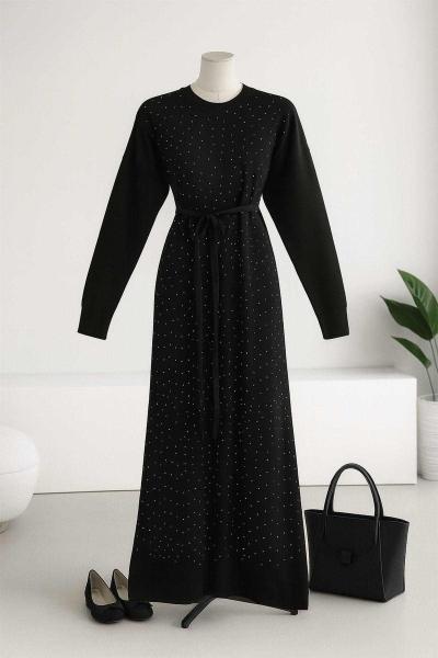 Serpme Taş Detaylı Merserize Elbise Siyah