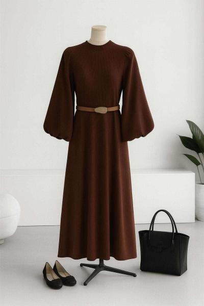 Balon Kollu Fitilli Kemerli Elbise Kahve