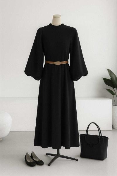 Balon Kollu Fitilli Kemerli Elbise Siyah