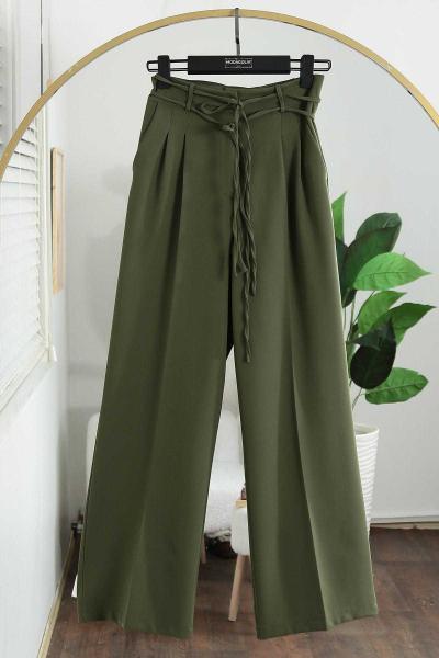 Çift Bağlamalı Bol Paça Dabıl Pantolon Haki