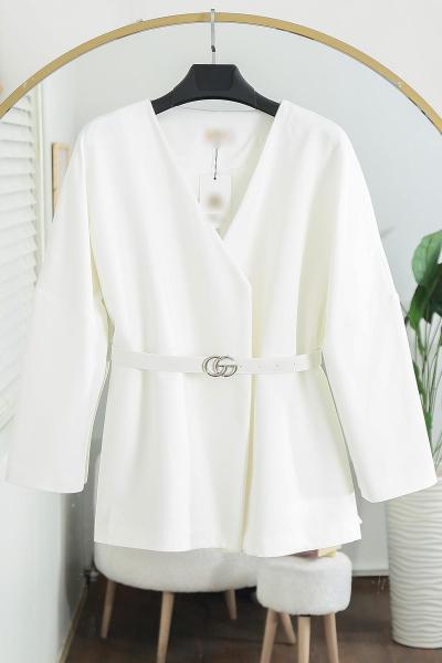 V Yaka Kemerli Dabıl Ceket Ekru