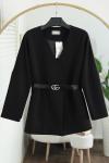 V Yaka Kemerli Dabıl Ceket Siyah