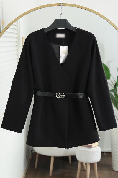 V Yaka Kemerli Dabıl Ceket Siyah