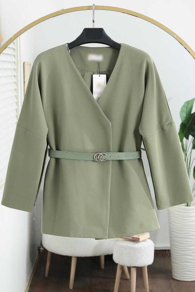 V Yaka Kemerli Dabıl Ceket Adaçayı