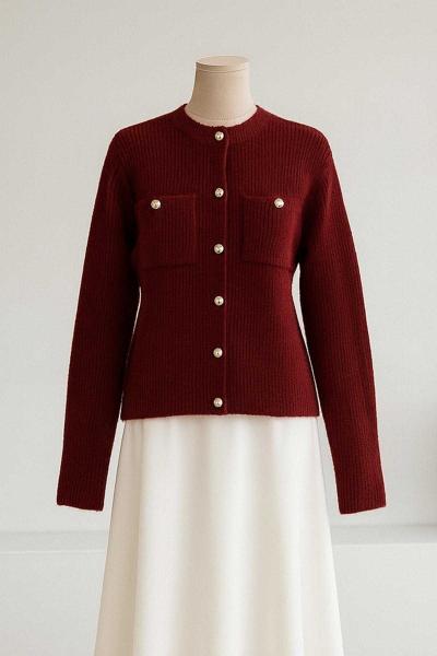 Çift Cepli Fitilli Triko Hırka Bordo