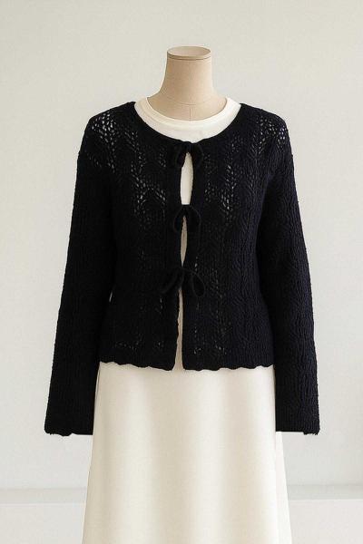 Üç Bağlamalı Desenli Ajurlu Triko Hırka Lacivert