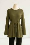 Sıfır Yaka Kuşaklı Bol Kollu Viskon Tunik Yağ Yeşili