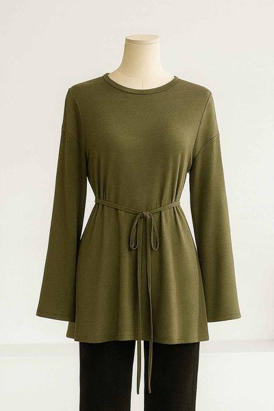Sıfır Yaka Kuşaklı Bol Kollu Viskon Tunik Yağ Yeşili