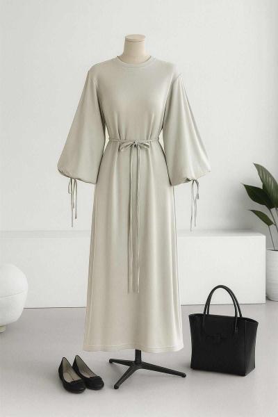 Kolları Bağlamalı İnce Kuşaklı Modal İkiip Elbise Açık Gri