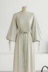 Kolları Bağlamalı İnce Kuşaklı Modal İkiip Elbise Açık Gri